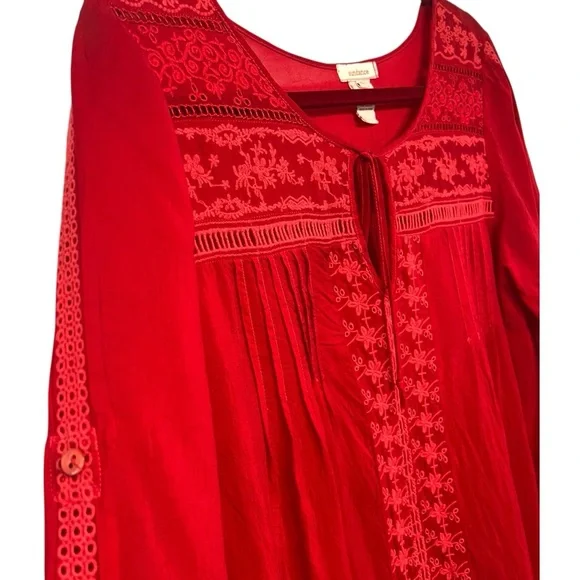 Sundance Red Bohemian Silky Lace Trim 3/4 Tab Sleeves Tunic Top Women’s Small - Picture 6 of 10